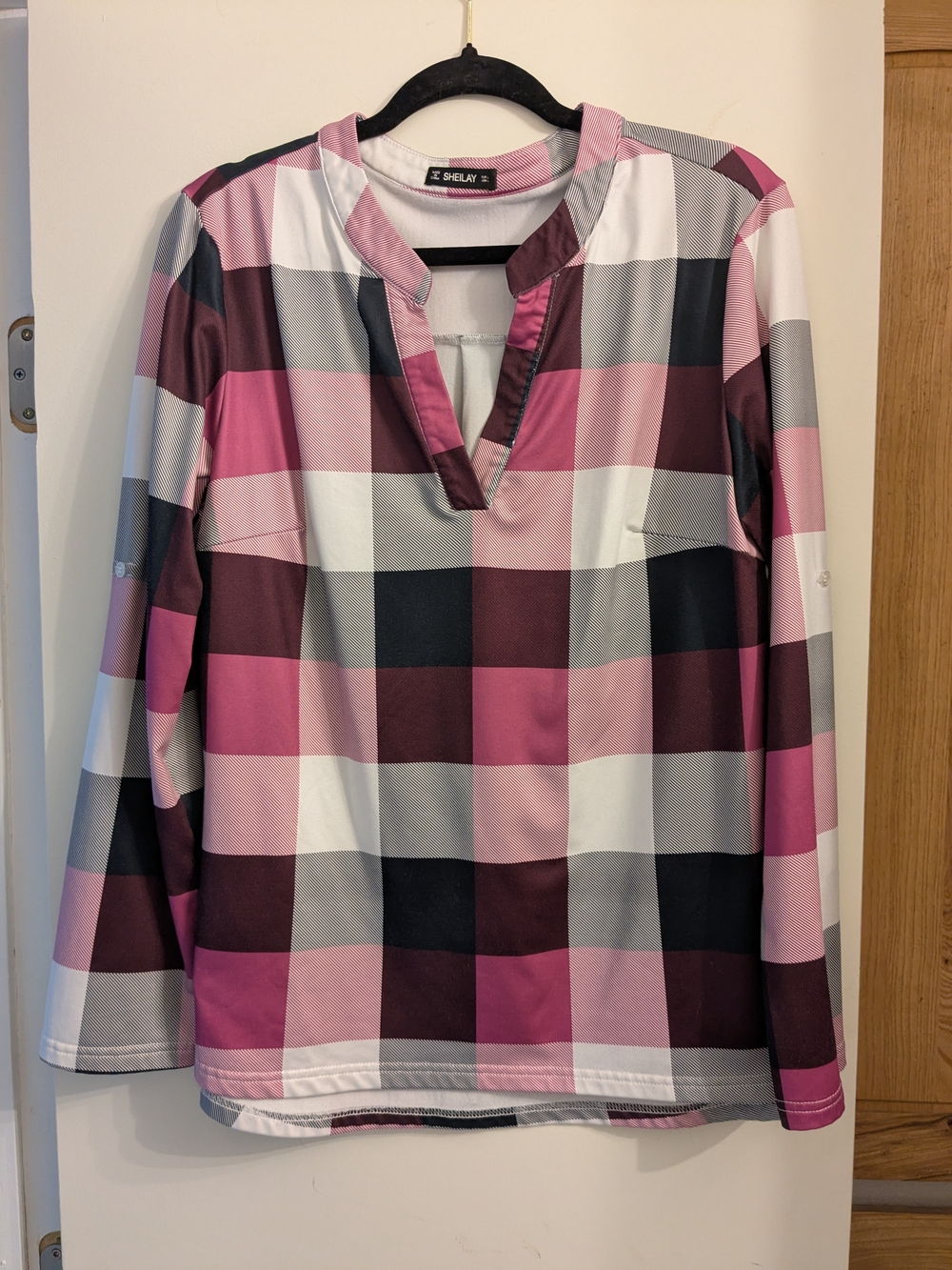 Shelby Pink Plaid Notch-Neck Blouse